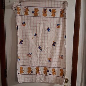 Vtg 80s Dundee Teddy Bear Boy Girl AOP Flannel Receiving Blanket Primary Colors